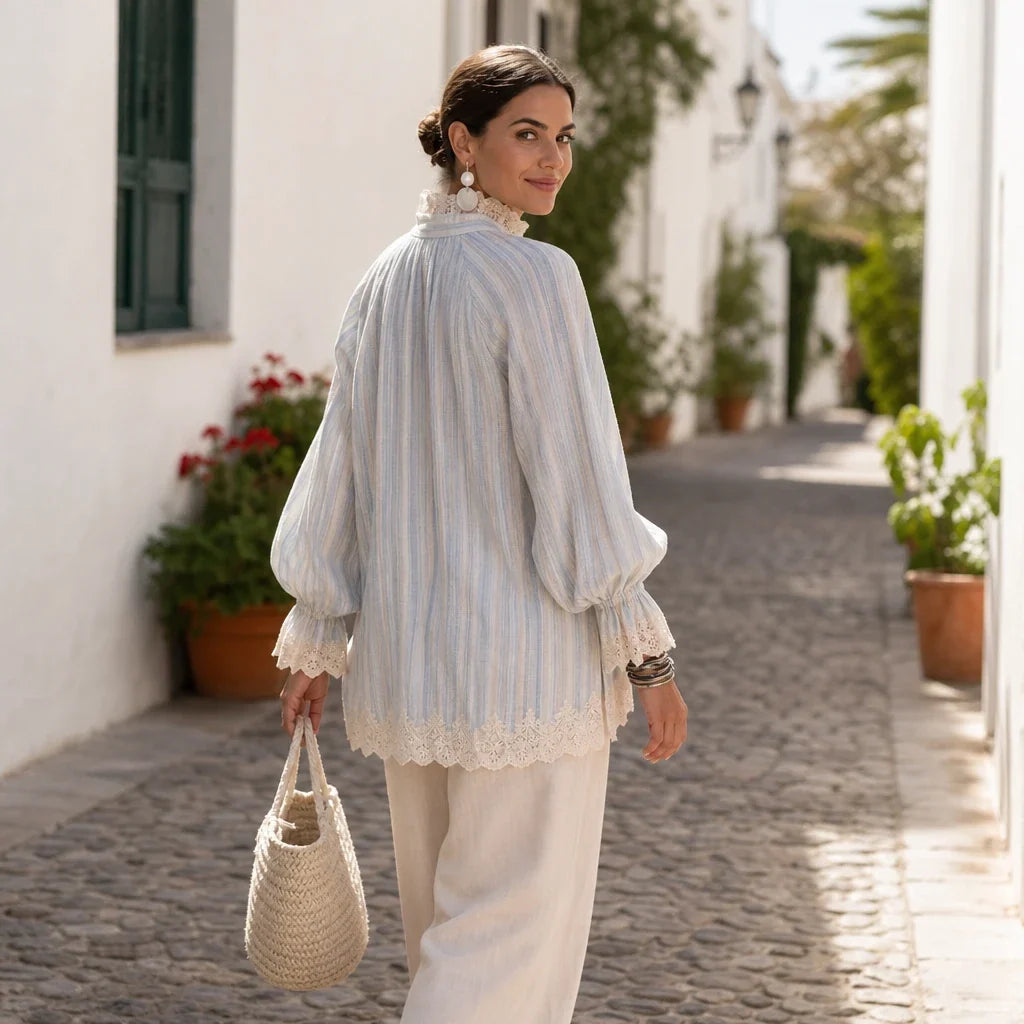 Lacey Lane – Striped Lace-Trim Linen-Blend Shirt