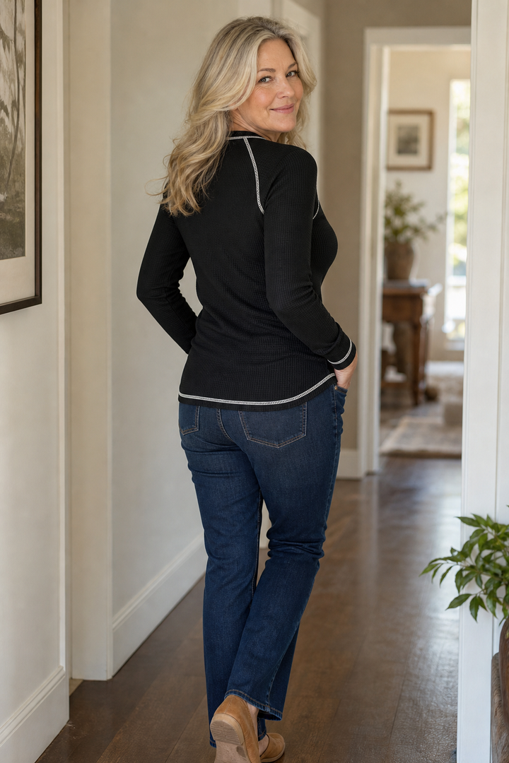 Wearbella – Waffle Knit Contrast Stitch Henley Top