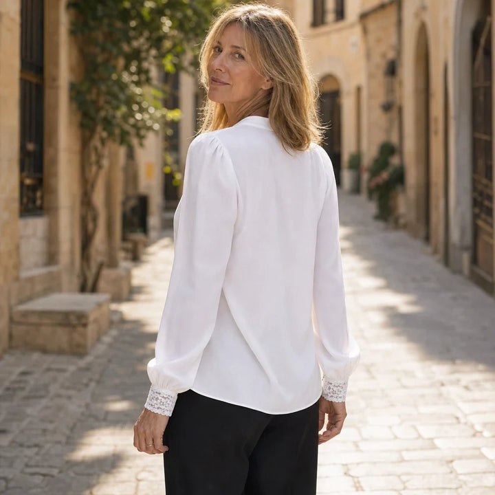 Lacevera – Lace-Trimmed V-Neck Chiffon Blouse