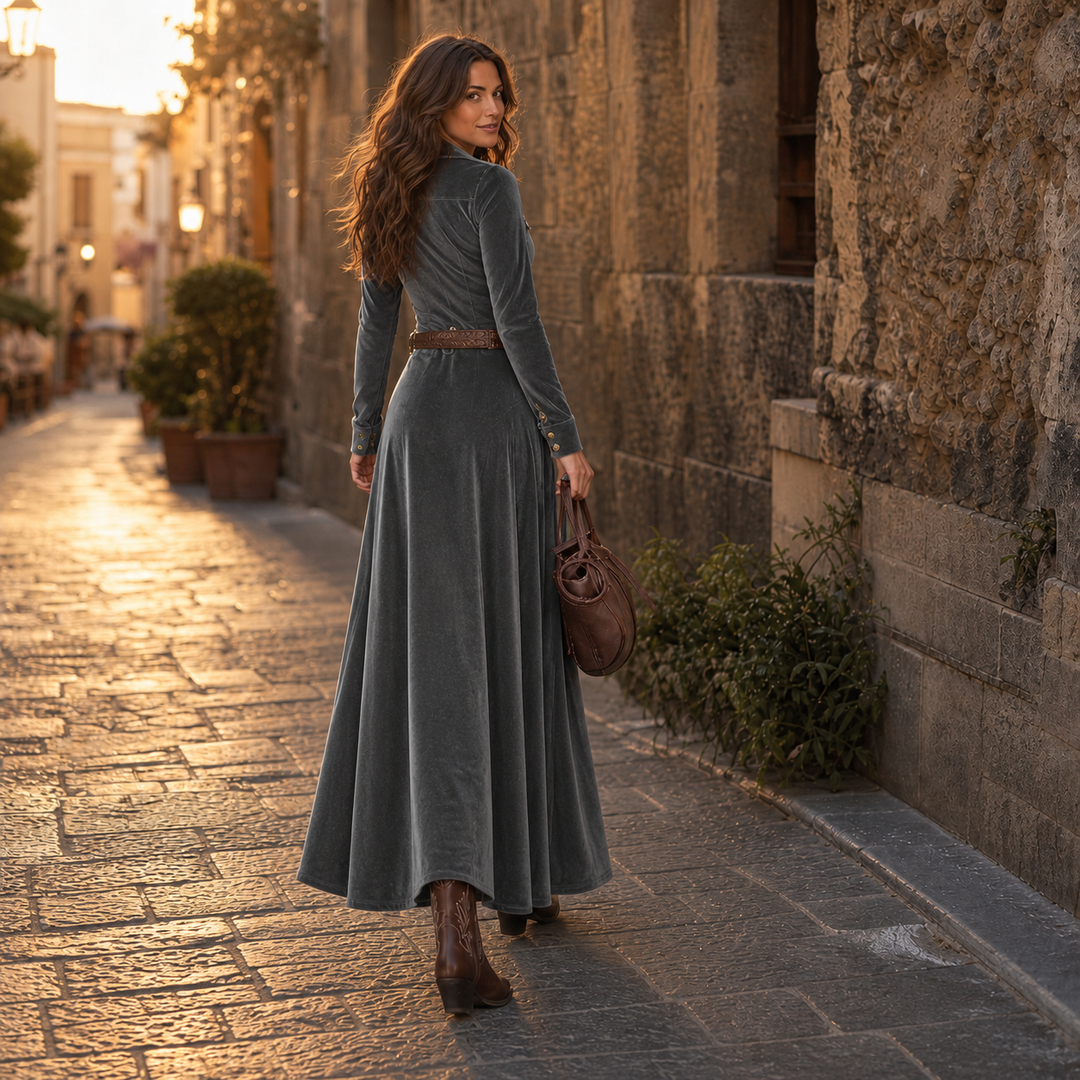 Vena – Button-Front Velvet-Look A-Line Maxi Dress