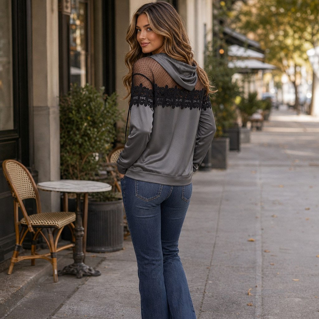 Satinelle – Polka-Dot Mesh Lace Hooded Blouse