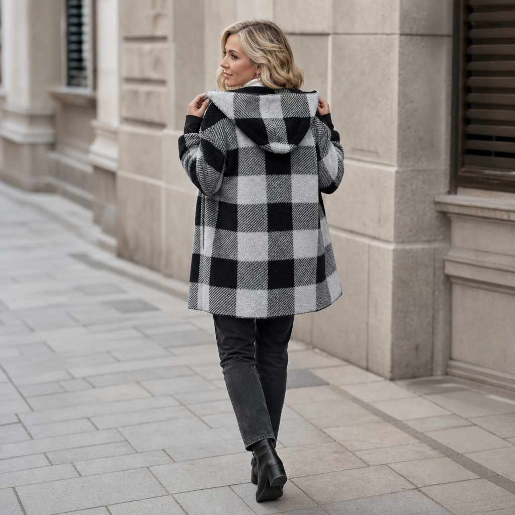 Plaidelle – Oversized Plaid Hooded Fleece-Look Cardigan