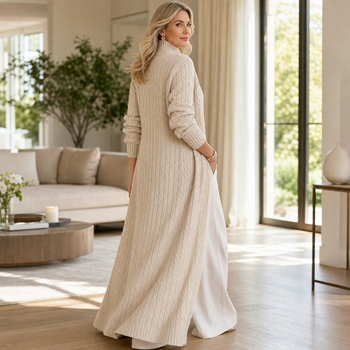 Cablewick – Vertical Cable-Knit Open-Front Duster Cardigan