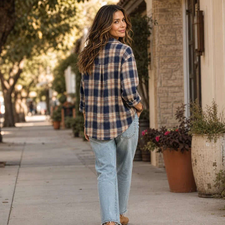 Caledon – Plaid Button-Front Long-Sleeve Blouse