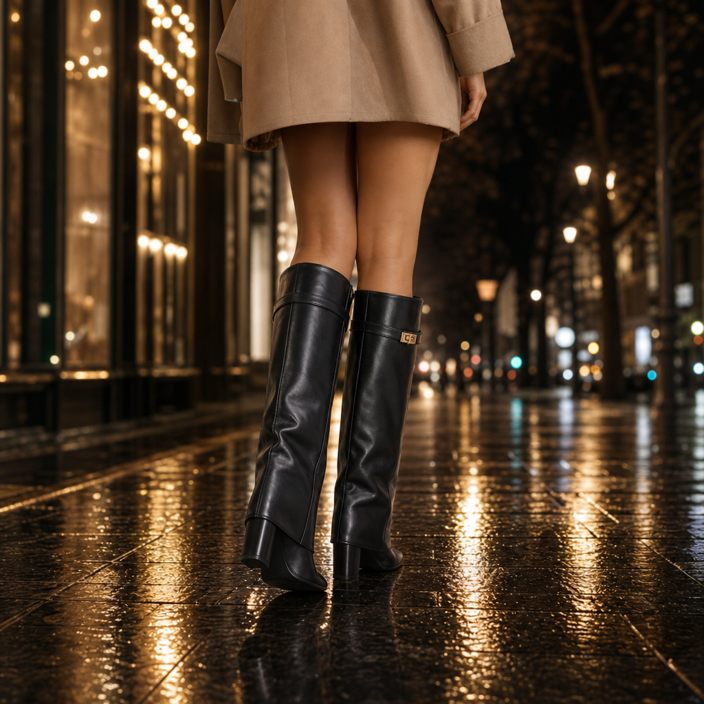 Solvera – Gold Buckle Pointed-Toe Knee-High Boots