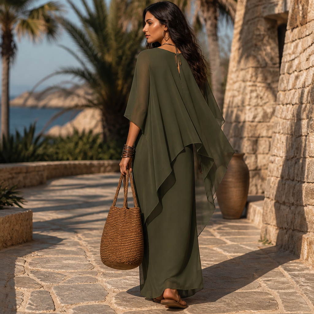 Draperie – Cape Sleeve Asymmetric Hem Maxi Dress