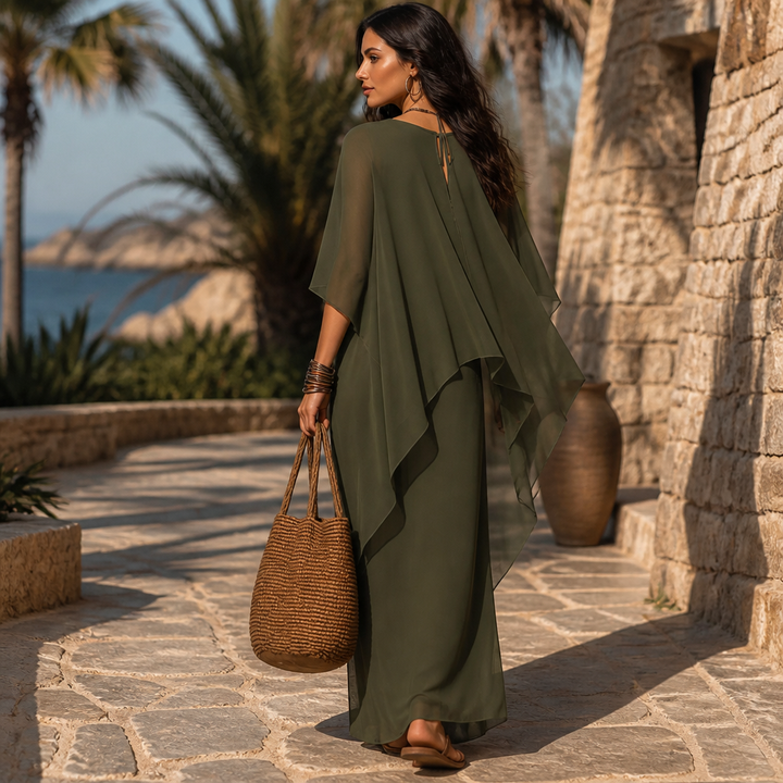 Draperie – Cape Sleeve Asymmetric Hem Maxi Dress