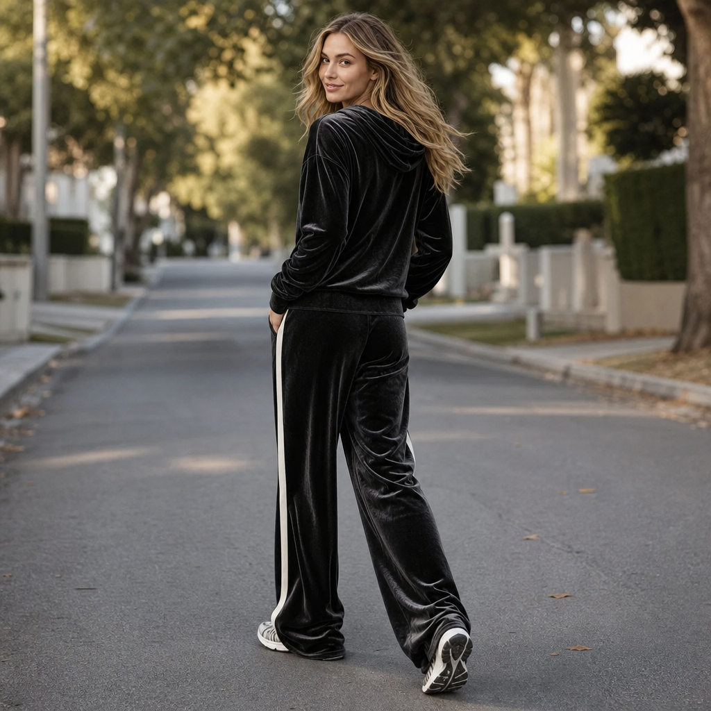 Velura – Contrast-Stripe Hooded Velour Tracksuit Set
