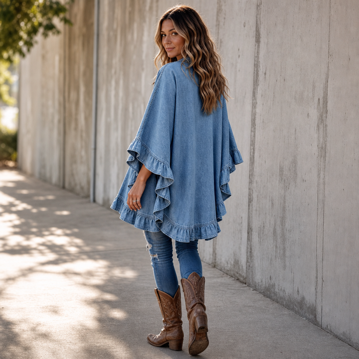 Ruffledenim – Ruffle-Trim Open-Front Denim Look Cardigan