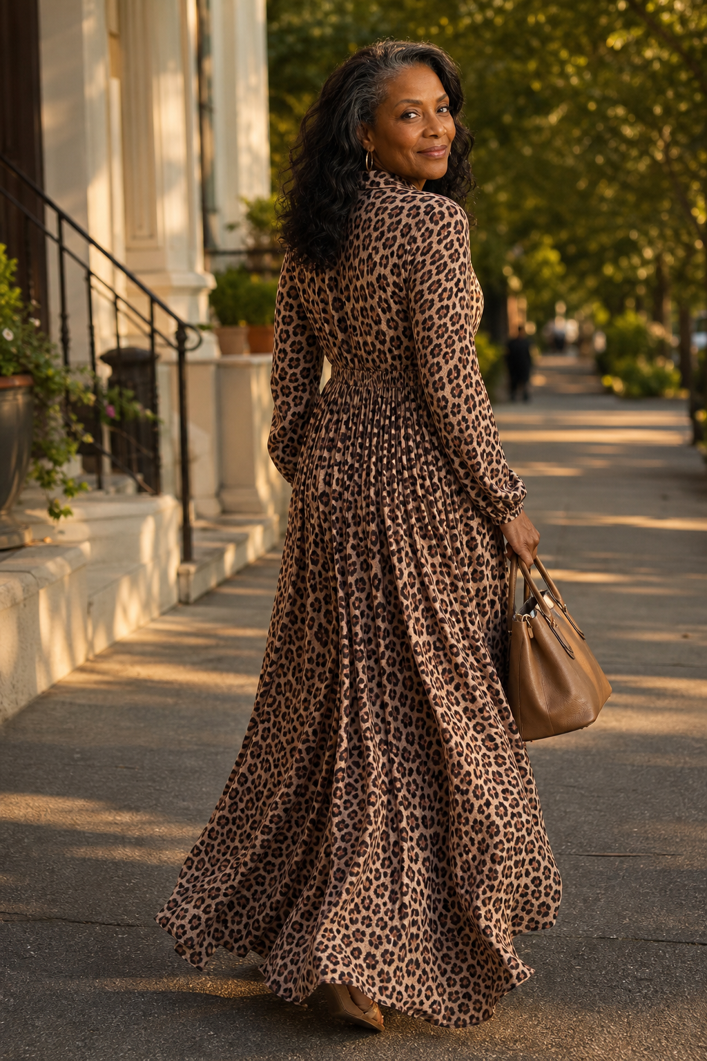 Leocara – Button-Front Leopard Print Maxi Shirt Dress