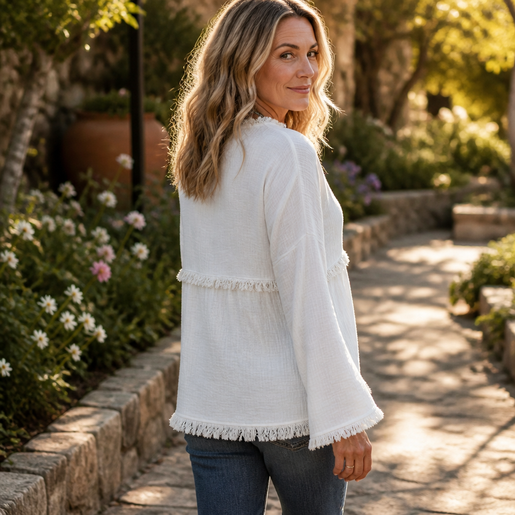 Wearbella – Fringe Trim V-Neck Long Sleeve Top