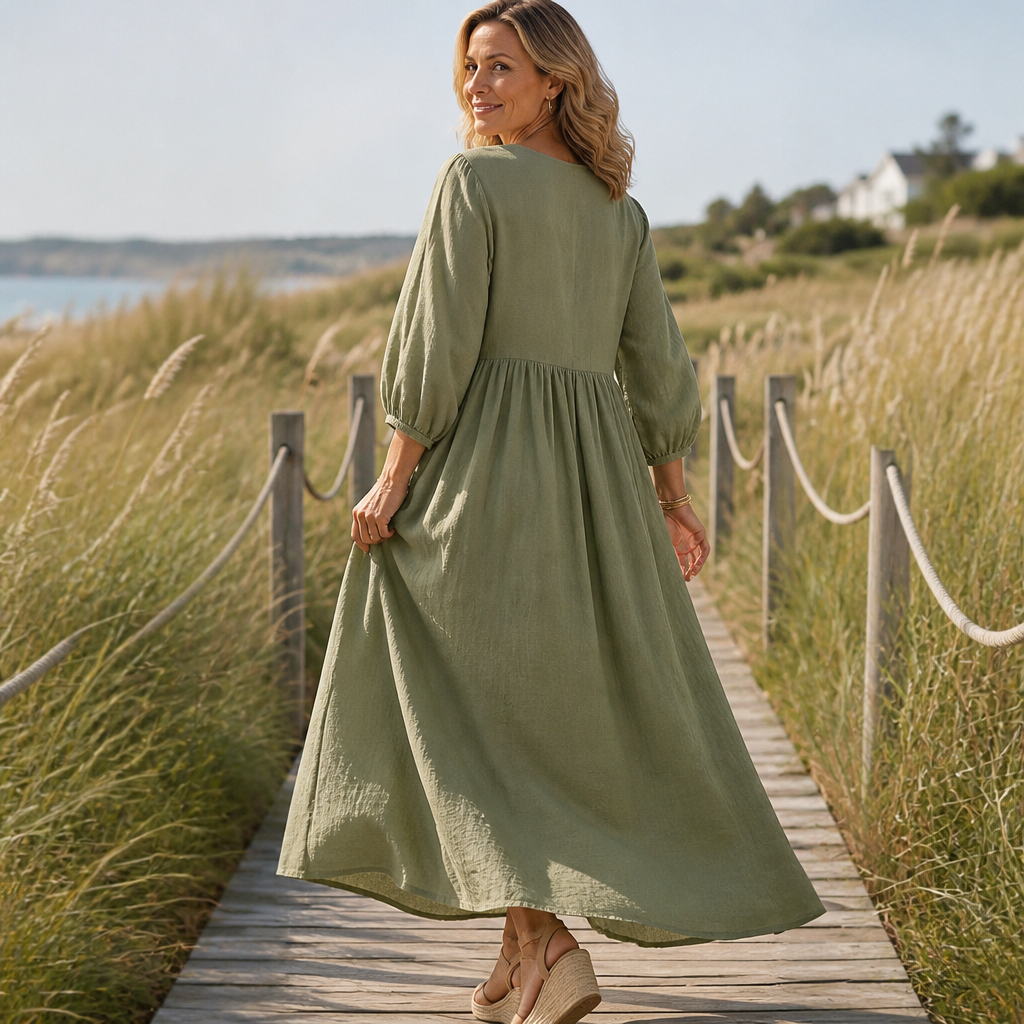 Linenova – Pleated V-Neck Cotton-Linen Look Maxi Dress