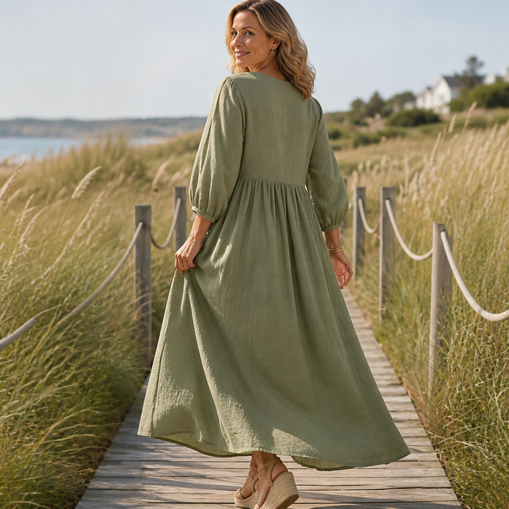 Linenova – Pleated V-Neck Cotton-Linen Look Maxi Dress