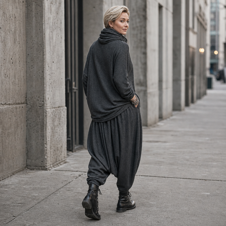 Pinstripe Poise – Draped High-Neck Top And Lantern Pants Set