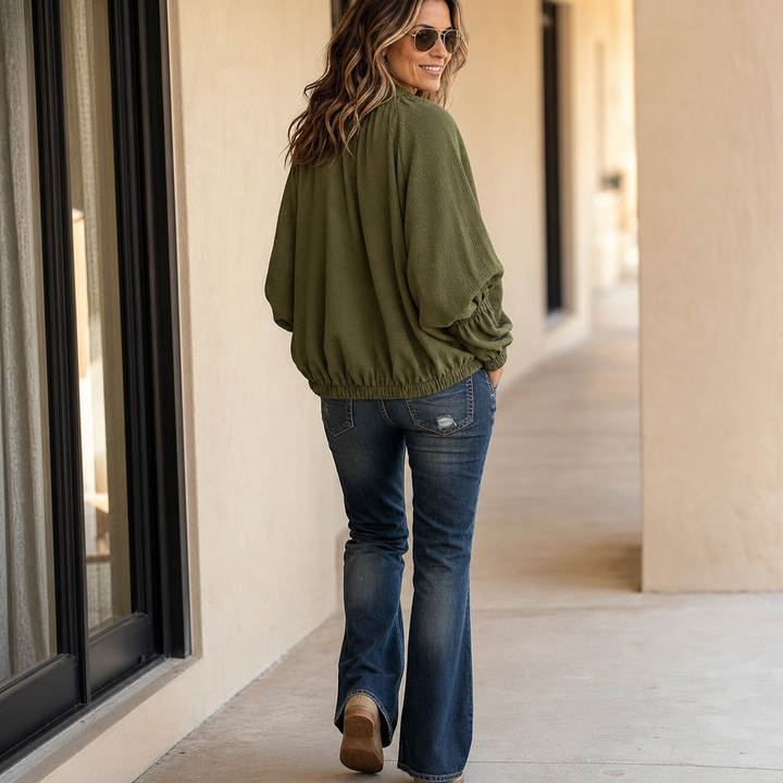 Wearbella – Textured Batwing Drawstring Collar Zip Jacket