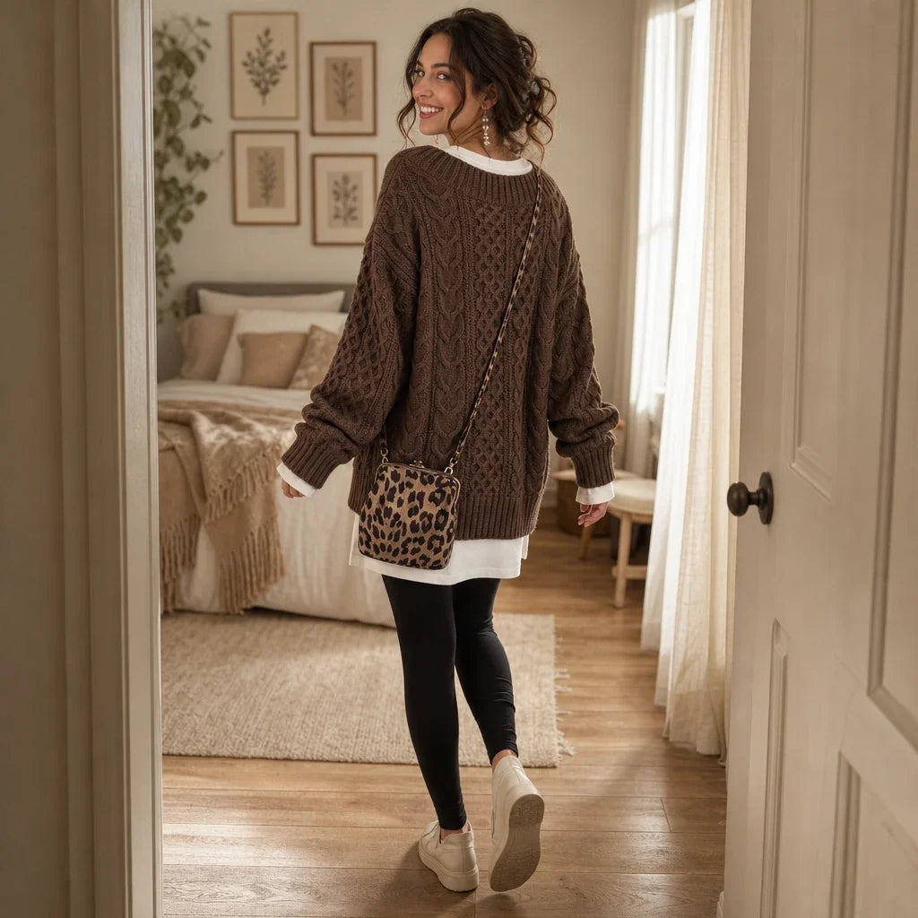 Layerella – Cable-Knit Mock-Layer V-Neck Sweater