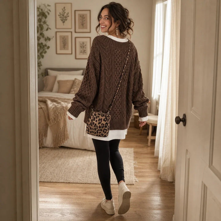 Layerella – Cable-Knit Mock-Layer V-Neck Sweater