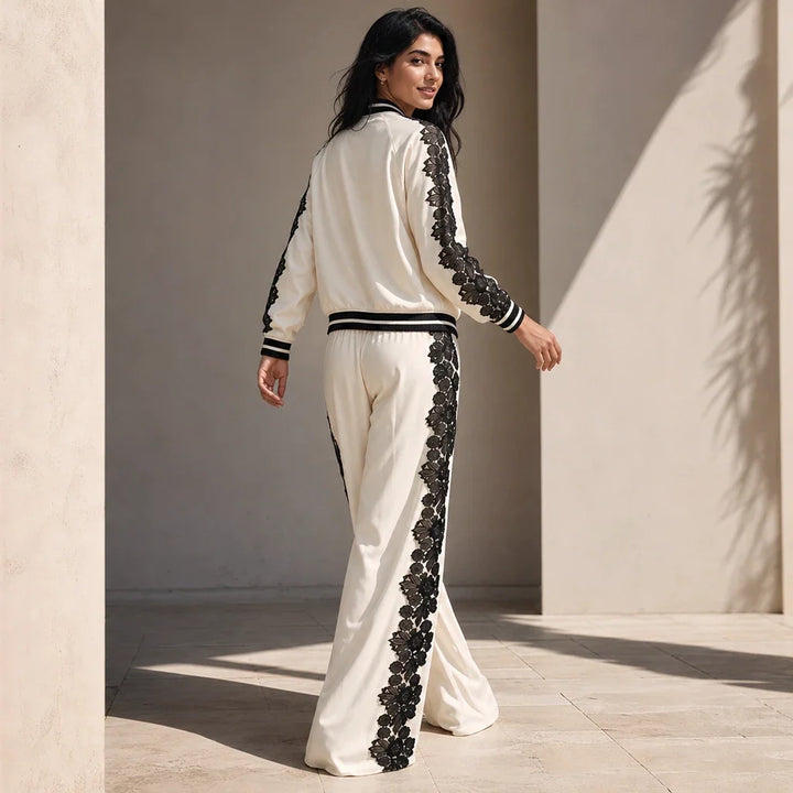 Lace & Leisure – Floral Lace Panel Track Jacket And Wide-Leg Pants Set