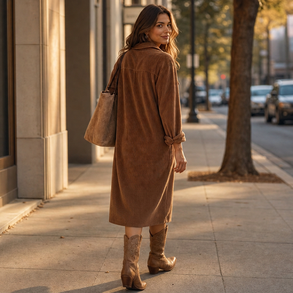 Corvella – Ribbed Corduroy Button-Front Shirt Dress