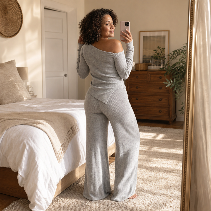 Wearbella – Off-Shoulder Ribbed Knit Top And Wide-Leg Pants Set