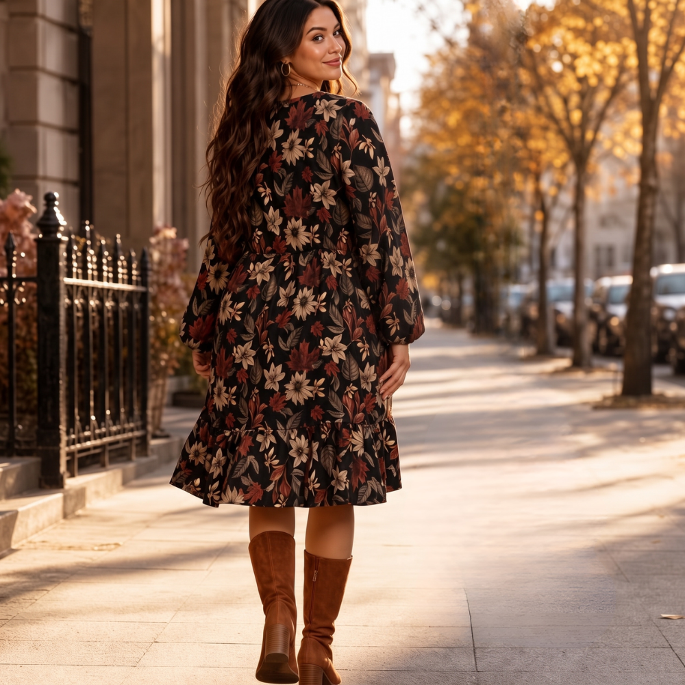 Maple Muse – Botanical Print Midi Dress