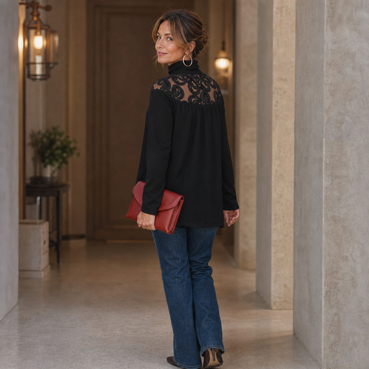 Florenza – Sheer Floral Lace-Yoke High-Neck Blouse