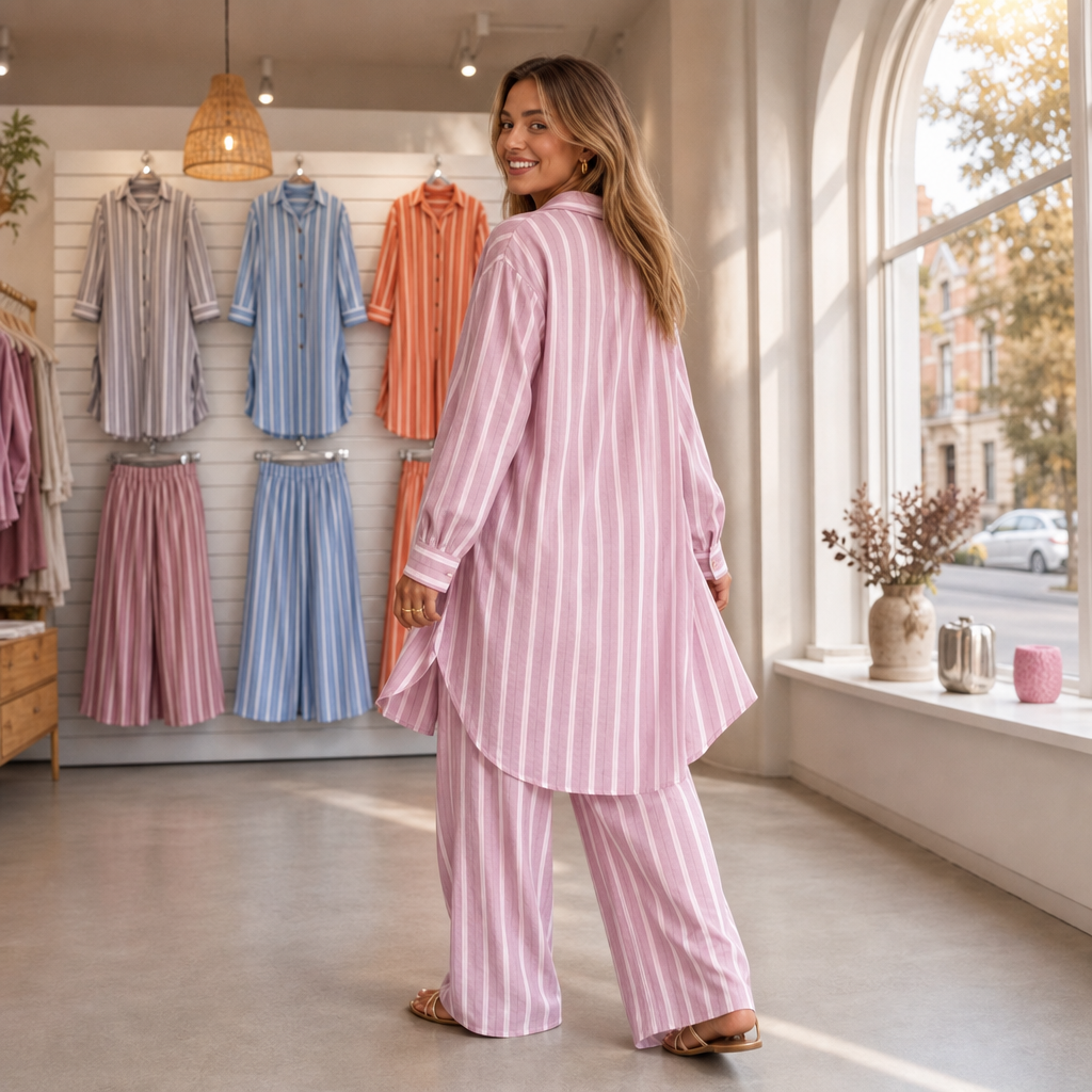 Set & Sway – Striped Longline Shirt And Wide-Leg Pants Set