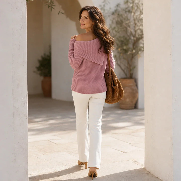 Velaine – Asymmetric Off-Shoulder Ribbed Sweater