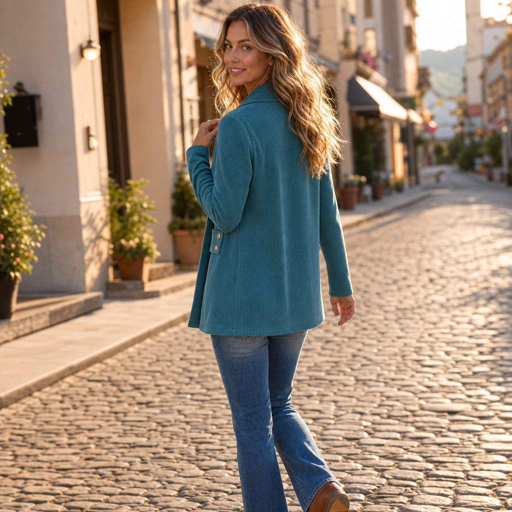 Ribvale – Open-Front Ribbed Corduroy Waist-Tab Jacket