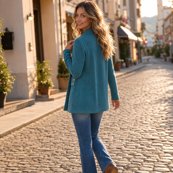 Ribvale – Open-Front Ribbed Corduroy Waist-Tab Jacket
