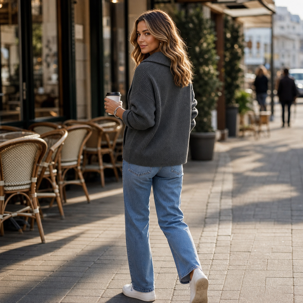Wearbella – Diagonal Zip Oversized Collar Ribbed Knit Jacket
