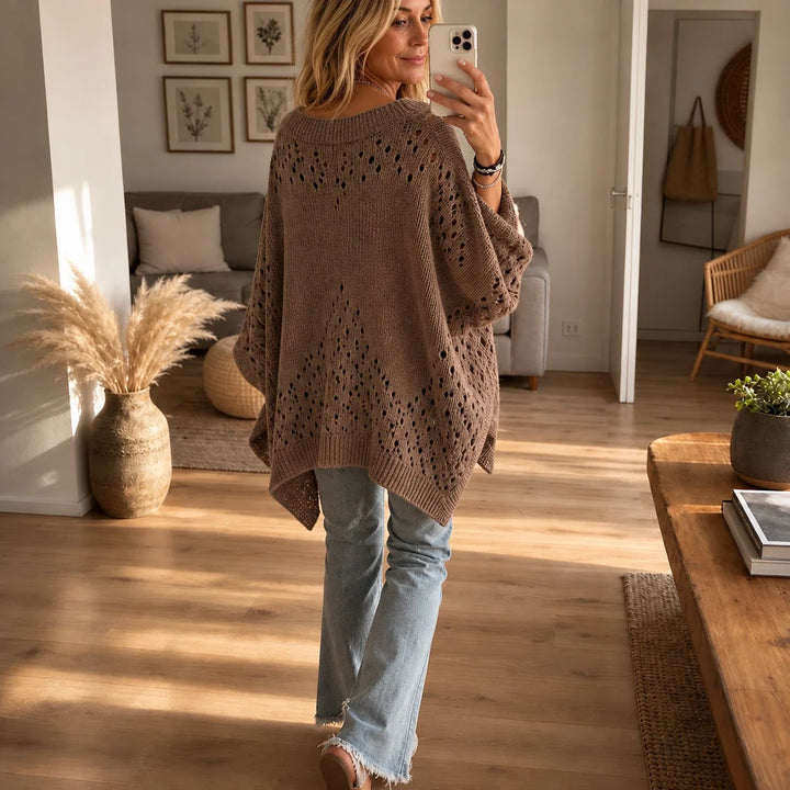 Vellora – Diamond Pointelle Knit Poncho Sweater