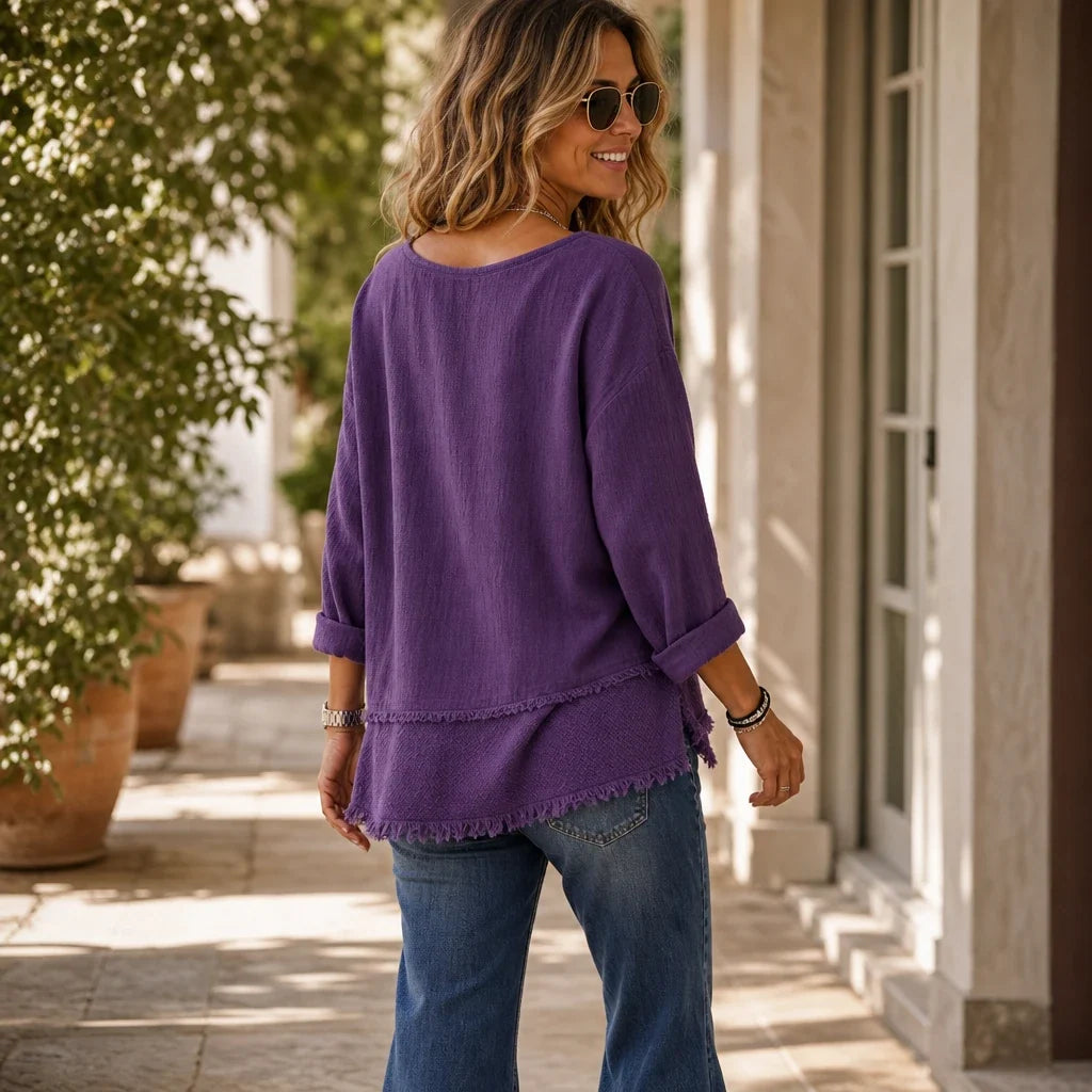 Marlowe – Crinkle-Textured Frayed-Trim Tunic Top