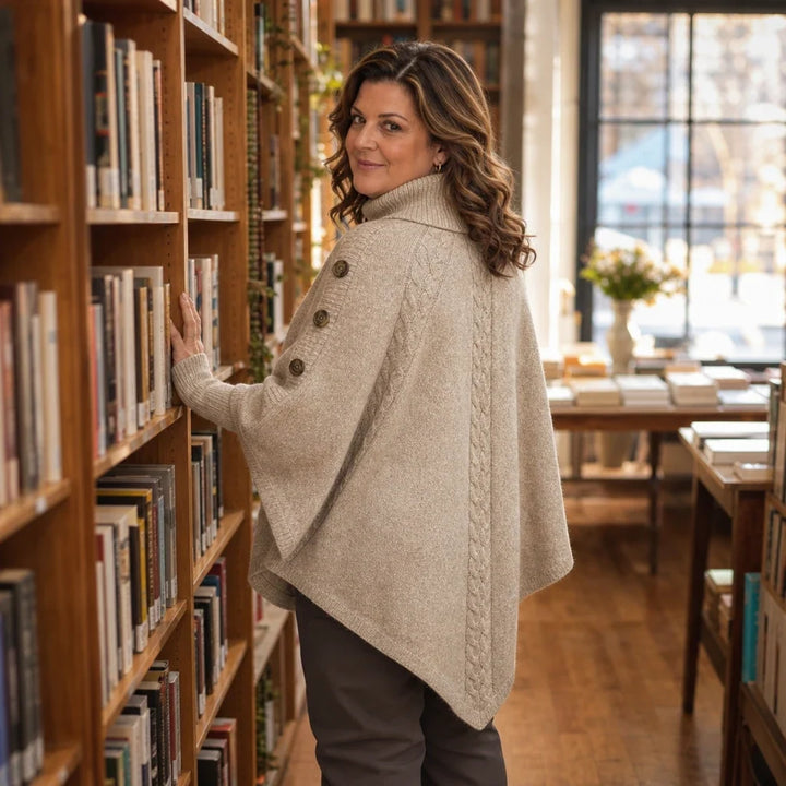 Cabelune – High-Neck Cable-Knit Cape Poncho Sweater