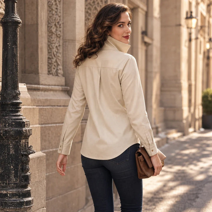 Veloura – Gold-Button Suede-Look Stretch Blouse