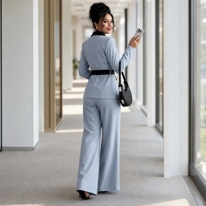 Vivia – Contrast-Lapel Belted Wide-Leg Pantsuit