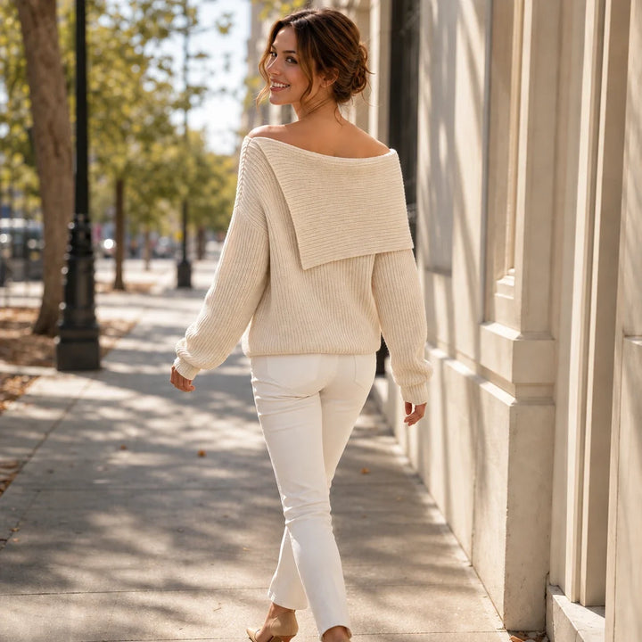 Velora – Asymmetric Button Off-The-Shoulder Knit Sweater