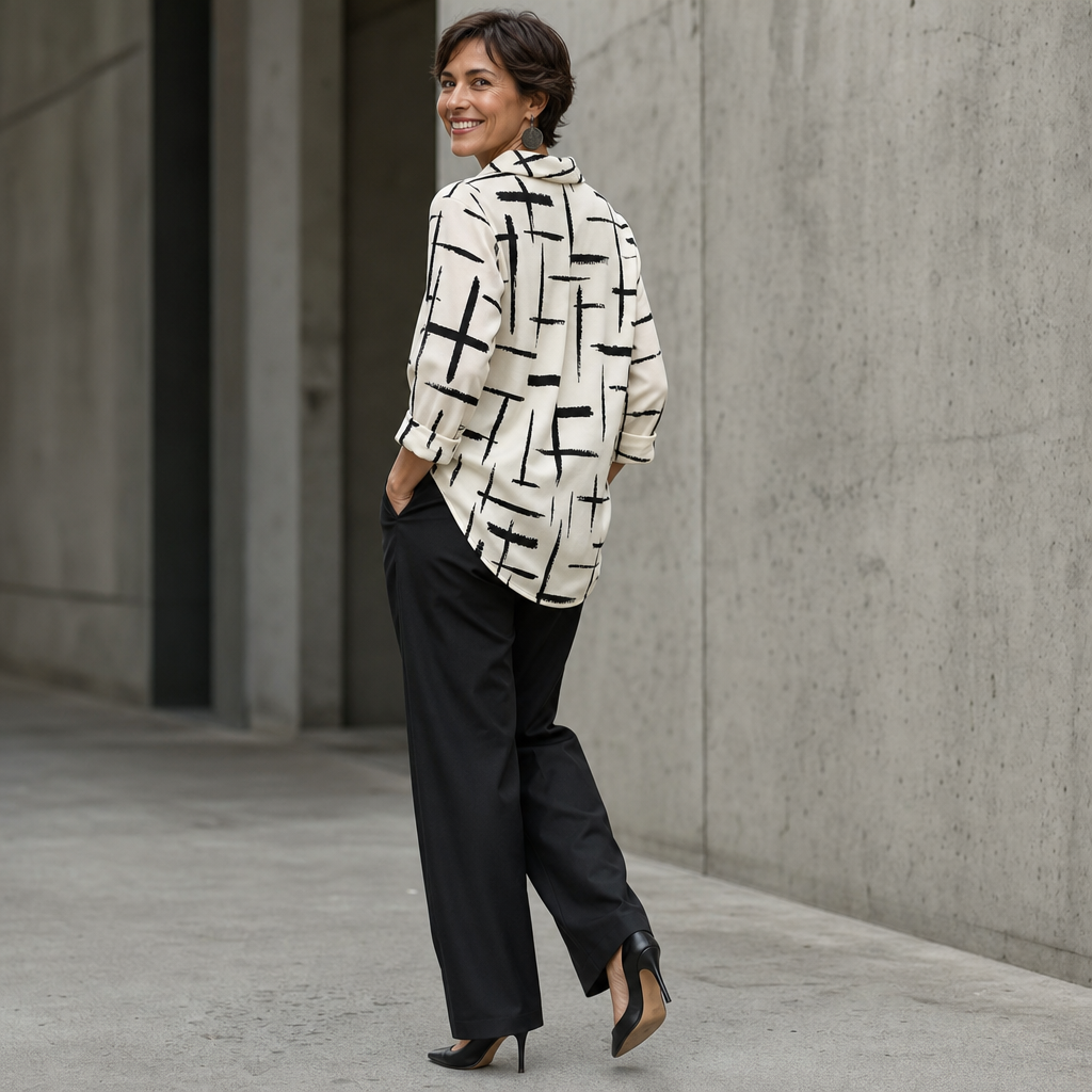 Cowlina – Cross-Print Cowl-Neck 3/4-Sleeve Blouse