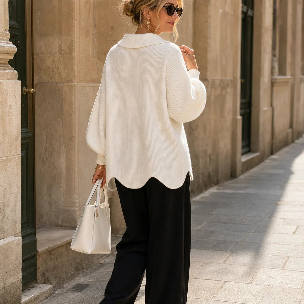 Velluna – Scalloped Hem V-Neck Sweater