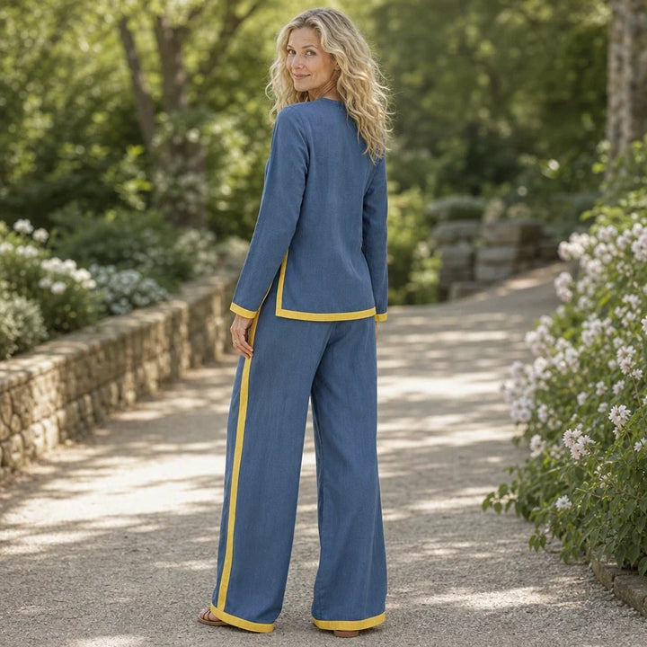 Modaform – Color-Block Long-Sleeve Top And Wide-Leg Pants Set