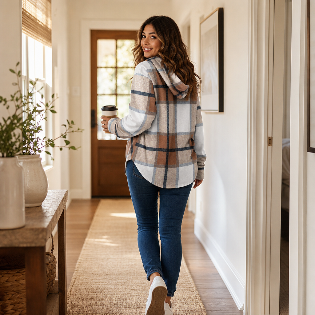 Plaidwell – Drawstring V-Neck Hooded Plaid Top