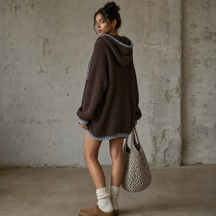 Cozyline – Contrast-Trim Hooded Sweater Dress