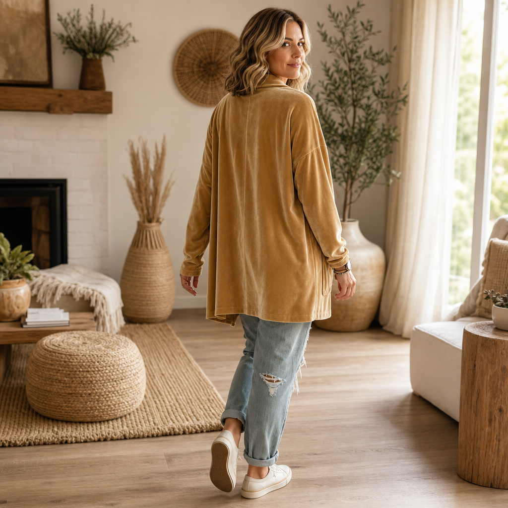 Velvetelle – Textured Velvet Shawl-Collar Open-Front Cardigan