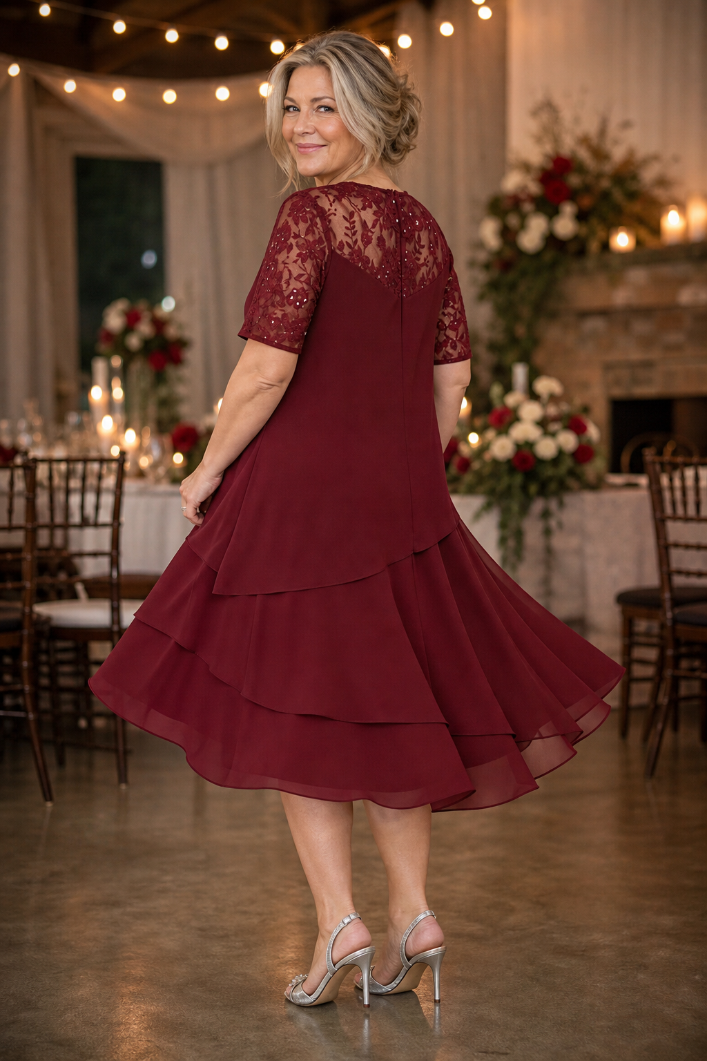 Wearbella – Tiered Lace Yoke High-Waist Midi Dress