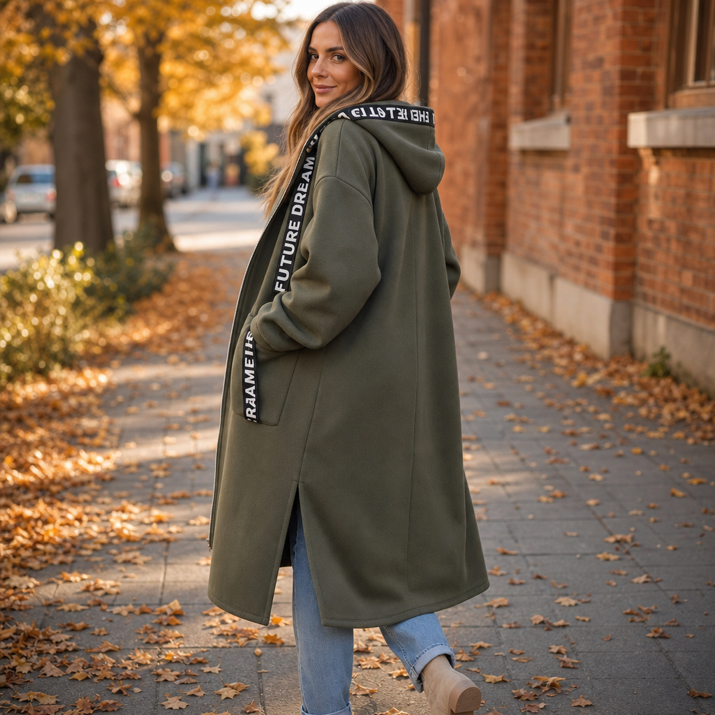 Duskmere – Knee-Length Hooded Zip Sweatshirt Coat