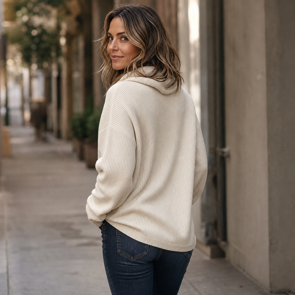 Ribella – Ribbed Draped Cowl-Neck Knit Top