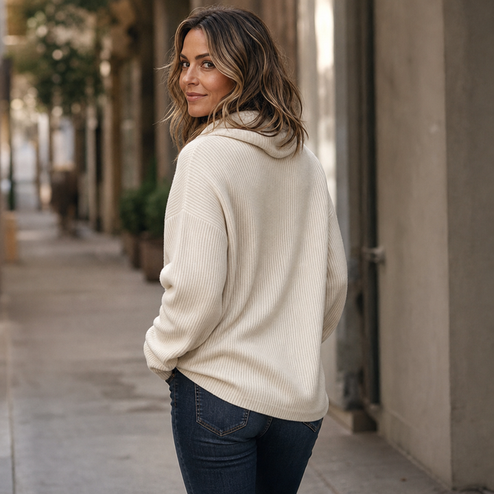 Ribella – Ribbed Draped Cowl-Neck Knit Top