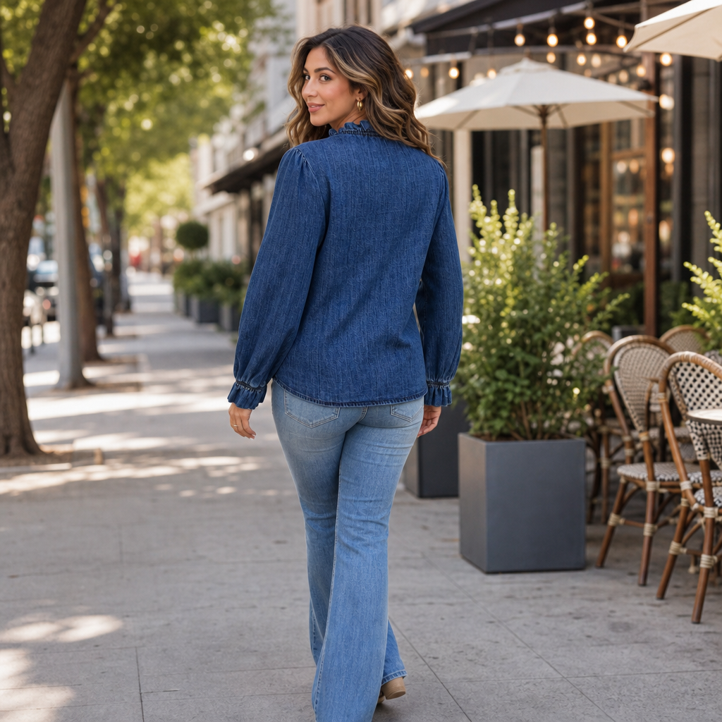 Wearbella – Ruffled Mock-Neck Blouson Sleeve Denim-Look Blouse