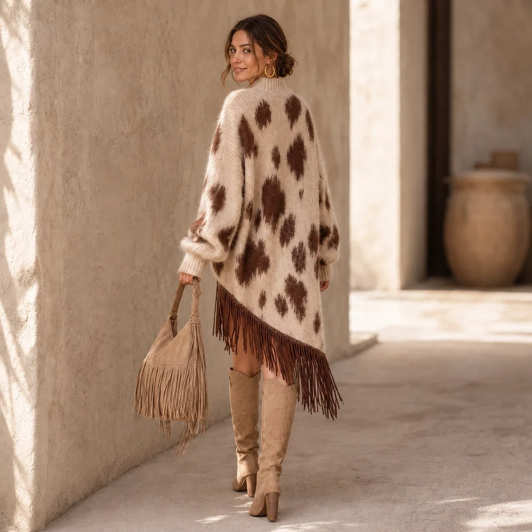 Fringefield – Cow-Print Knit Fringe-Hem Sweater Dress
