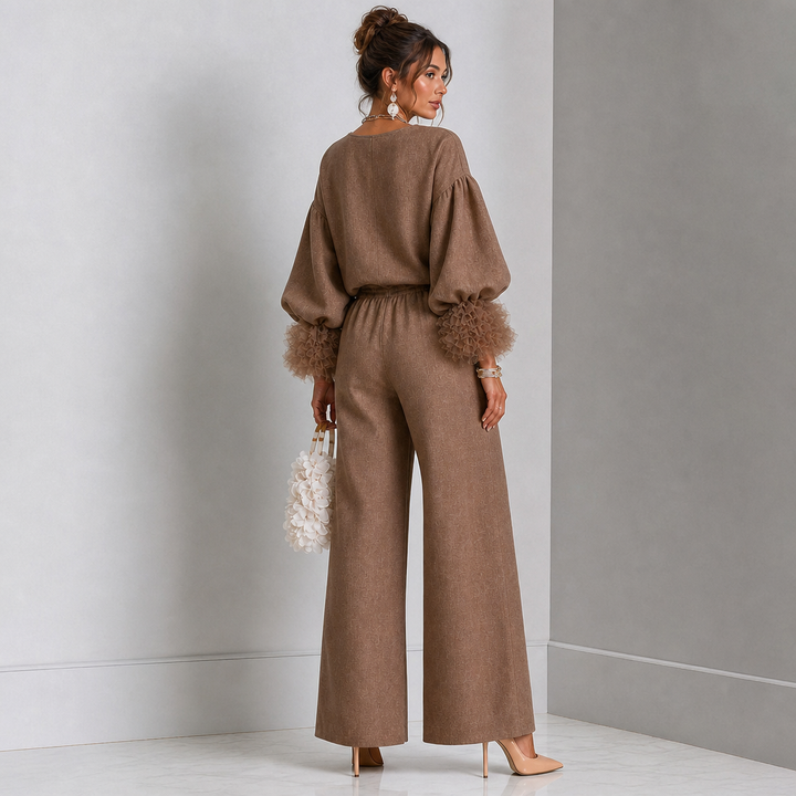 Wearlyn – Tulle-Cuff Balloon Sleeve Top And Pants Set